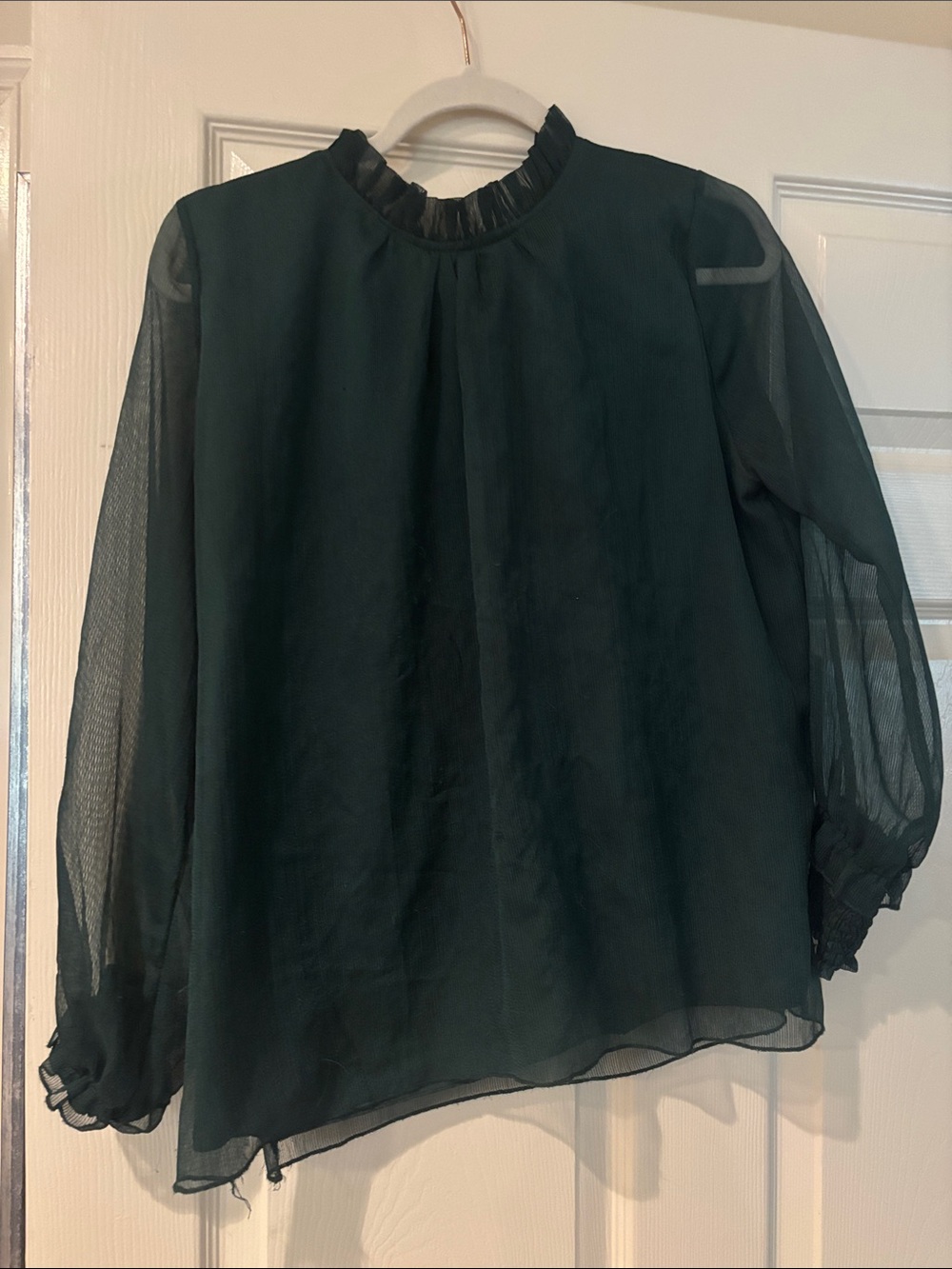 Sheer Ruffle-Neck Blouse - Dark Green